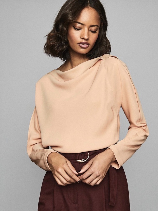 Reiss Tops - Reiss Soft beige Draped-Neck Blouse Women’s Size 4